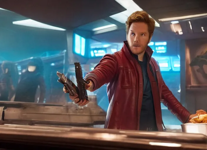 Prompt: film still of Star Lord working at McDonald's in the new Guardians of the Galaxy movie, 4k