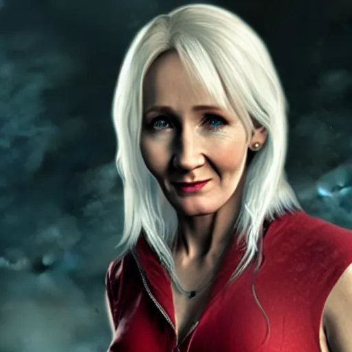 Image similar to JK Rowling as a character in Devil May Cry, film still, photorealistic, medium shot