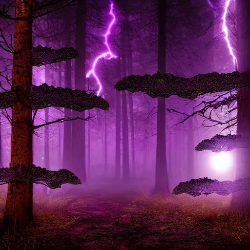 Image similar to purple lightning striking a dark forest during a full moon at night, misty, spooky, cinematic lighting, 8k render, hyperrealistic, ultra HD,