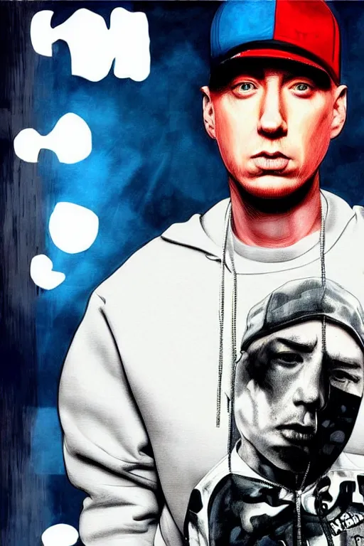 Image similar to eminem is programmer and not a rapper, realistic, art by jacqueline e, color by tafy laplanche, background by bo feng lin