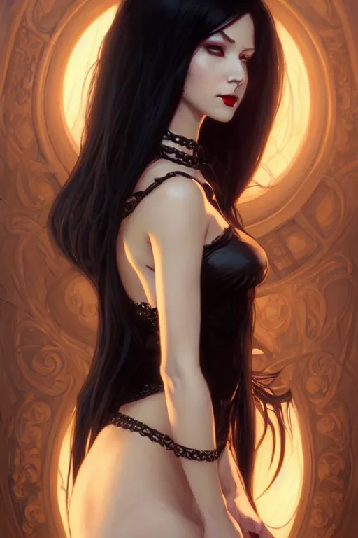 Image similar to Portrait of seductive female necromancer, D&D, revealing stylish dress, choker on neck, long black hair, mouth slightly open, slight nerdy smile, fantasy, intricate, elegant, highly detailed, digital painting, artstation, concept art, smooth, sharp focus, illustration, art by artgerm and greg rutkowski and alphonse mucha