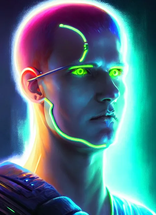 Prompt: a male cyberpunk faceless glowing liquefied stardust adventurer, dnd fantasy character, full body portrait, glowing neon skin, magical aura, ultra realistic, intricate, elegant, highly detailed, digital painting, artstation, smooth, sharp, focus, illustration, art by artgerm and greg rutkowski and alphonse mucha