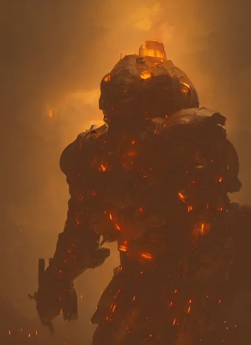 Image similar to a photorealistic dramatic hyperrealistic render of an armored fire golem by wlop, greg rutkowski, alphonse mucha, beautiful dynamic dramatic dark moody lighting, shadows, cinematic atmosphere, artstation, concept design art, octane render, 8 k