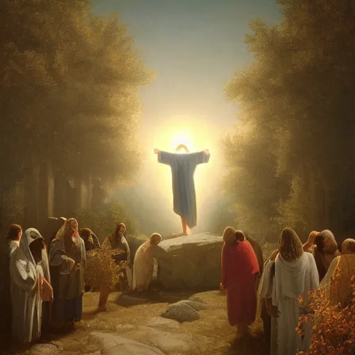 Prompt: A painting depicting the resurrection of Jesus Christ, (Jean Jules Linden), Peter Ilsted, ((flowers)), ((monolith)), ((((Unreal Engine)))), Religious painting