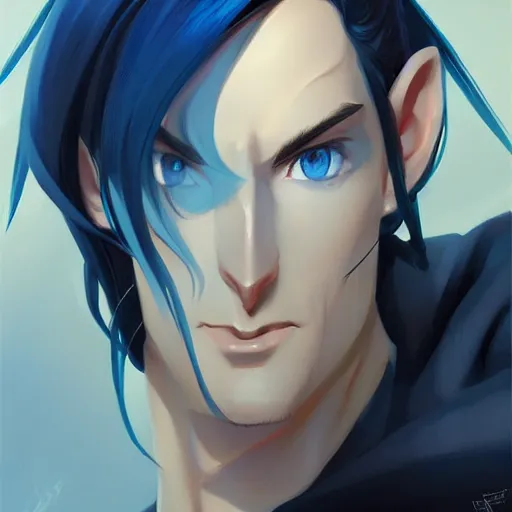 Prompt: blue forehead crystal, male black haired half elf, goatee, blue eyes, artstation, style of jesper ejsing, by rhads, makoto shinkai and lois van baarle, ilya kuvshinov, ossdraws