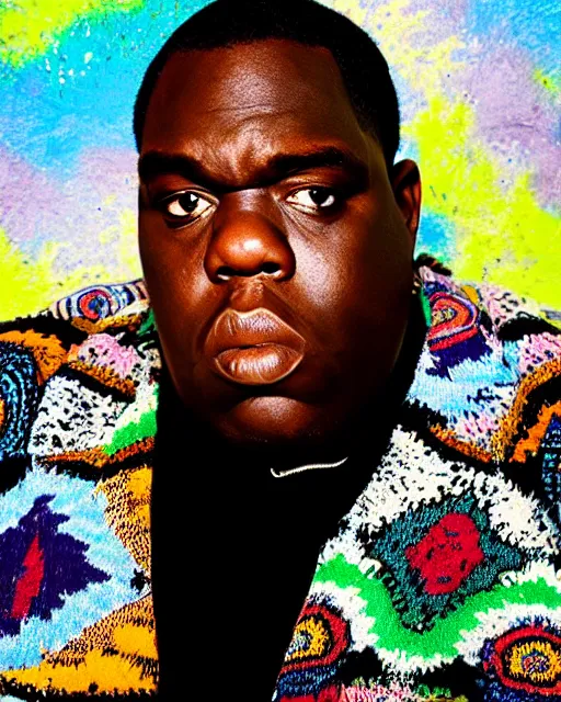Prompt: headshot of the notorious big, wearing a colorful coogi sweater, and black jeans, photoshoot in the style of annie leibovitz, studio lighting, soft focus, bokeh