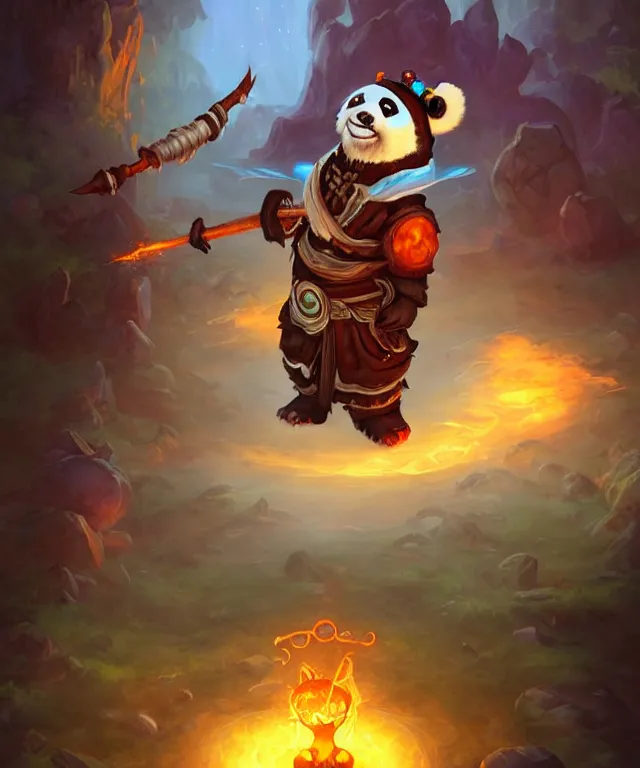 Prompt: a portrait an anthropomorphic panda mage casting a spell, wearing mage robes, landscape in background, dnd character art portrait, world of warcraft style, by peter mohrbacher, cinematic lighting