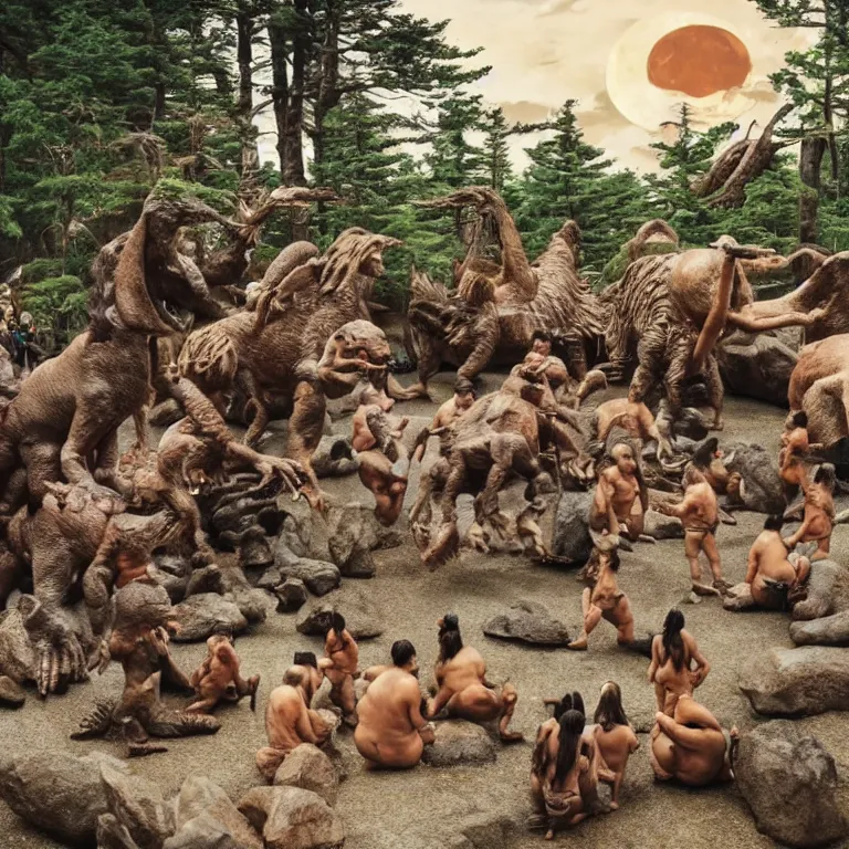 Image similar to photo, neanderthal people, first contact with sumo japanese people, eating hotdogs, surrounded by dinosaurs!, gigantic forest trees, sitting on rocks, bright moon, ice! cream! truck!