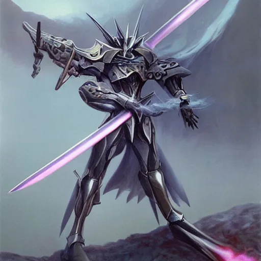 Image similar to concept art of omegamon, sword for left arm and a cannon for right arm, fantasy, valley, heavy fog, wayne barlowe, ultra realistic