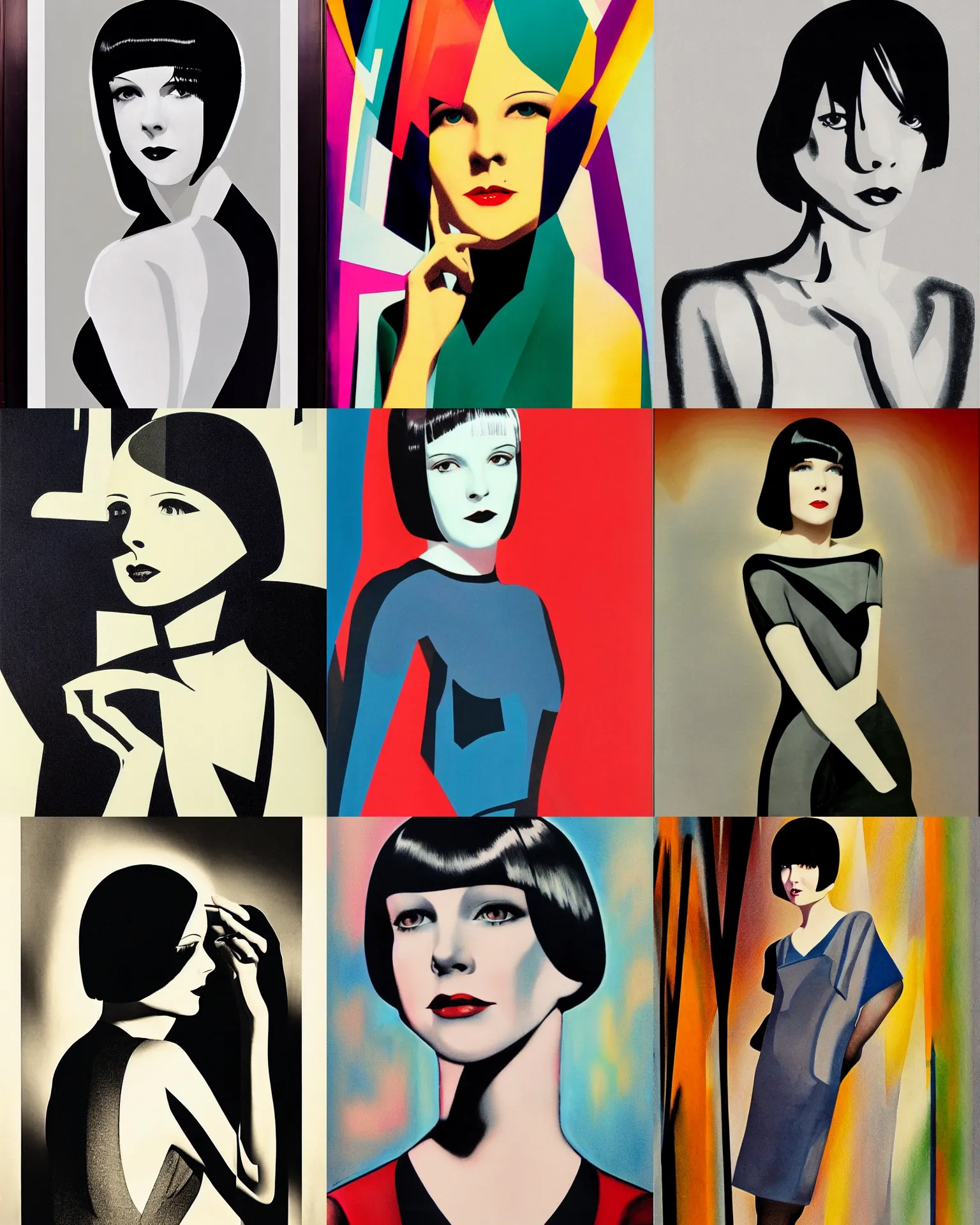 Prompt: full length portrait of 2 0 year old mary louise brooks, shiny bob haircut, dramatic light, abstract art deco city background, screen print, high contrast, sharp,, painted by ross tran 1 9 2 0 s