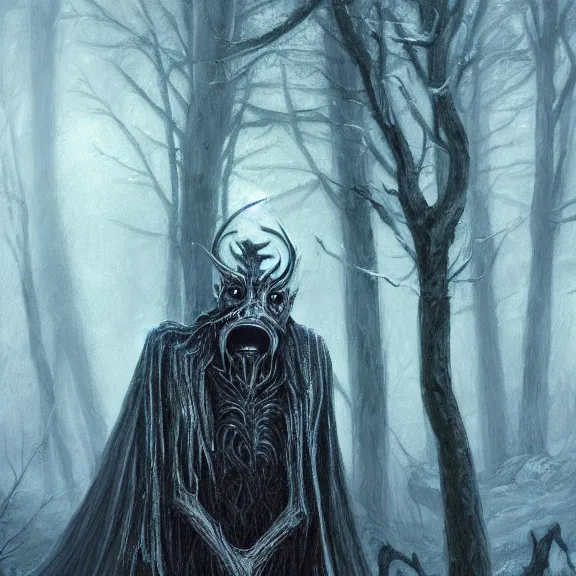 Image similar to cloaked humanoid wendigo feasting, nighttime located in a snowy dark forest, lurking horror, distant shot, dungeons and dragons, magic the gathering, forboding, high detail, oil painting, style of seb mckinnon