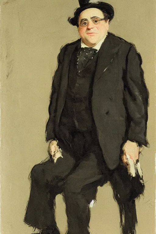 Image similar to portrait of danny devito as a gentleman wearing an edwardian suit and top hat by walter sickert, john singer sargent, and william open