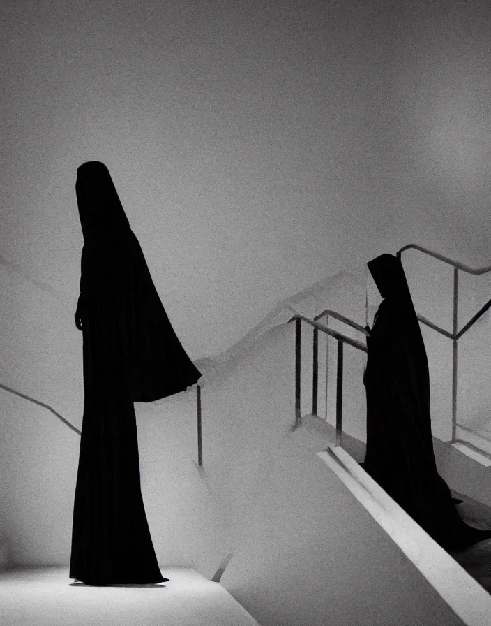 Prompt: a figure shrouded in a long trailing pitch black gown, descending a giant white staircase in a dark room, photorealism, hyperrealism, harsh lighting, hyperrealism, dramatic lighting, medium shot, serious, gloomy, foreboding