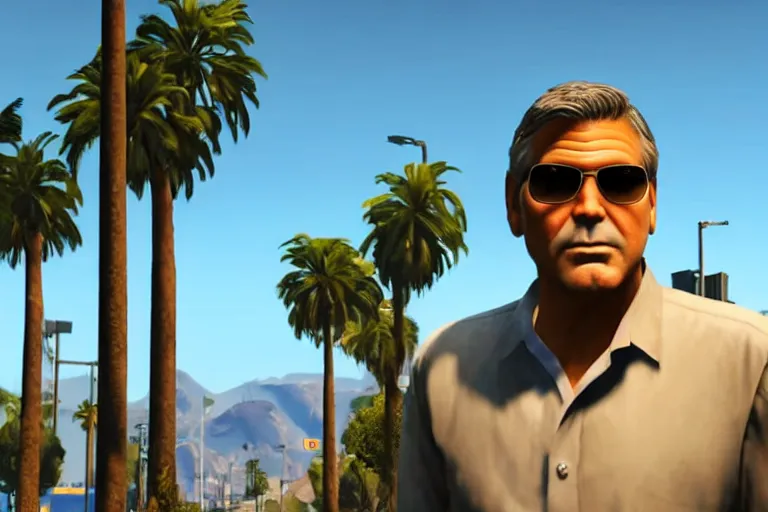 Prompt: george clooney in gta v. los santos in background, shallow depth of field, palm trees in the art style of stephen bliss