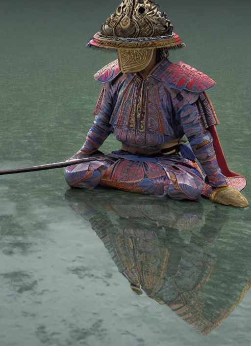 Prompt: intricately detailed, samurai meditating by a serene reflection pool, feudal japan, intense, vivid complementary colors, beautiful linework, octane render, professional concept art by jonathan hickman, miyamoto mushashi, ghibli, alphonse mucha, reads, ross tran, rutkowski, grenier, octane render, marvel, dc, dnd, cinematic, golden ratio