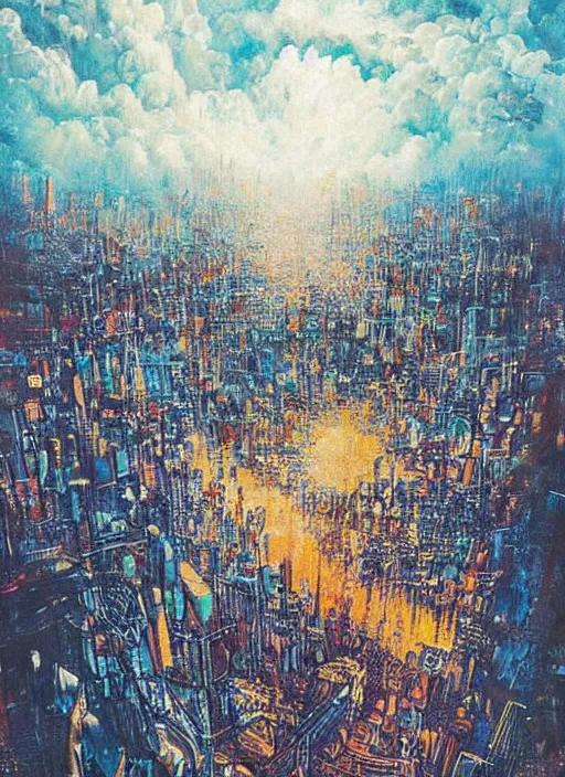 Image similar to a beautiful painting by oliver vernon of a glitched city behind clouds, realistic colors