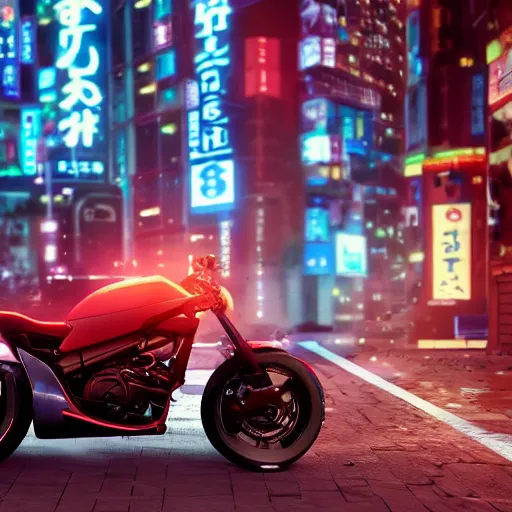 Image similar to photo of Akira bike :: ultra realistic render of Akira motorbike in the streets of Tokyo at night, octane render, cyberpunk, 8K, depth of field, bokeh, Akira moto, Akira red bike, ultra detailed, photorealistic