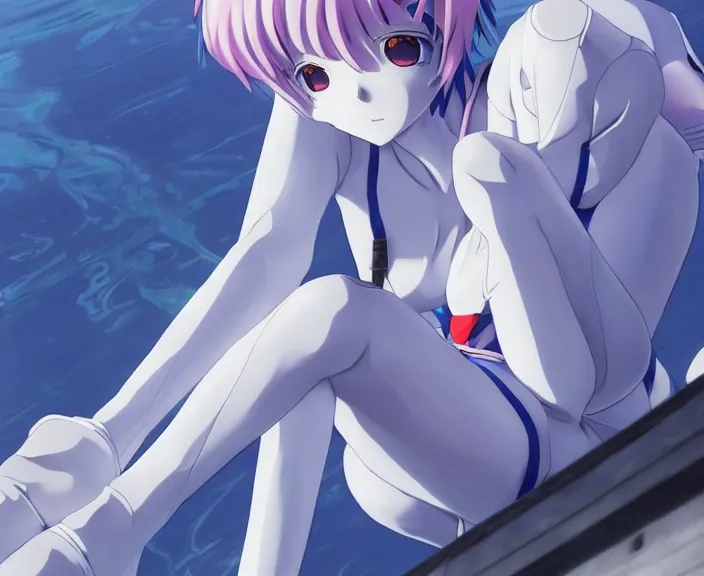 Image similar to anime art, fullbody shot of female rei ayanami, evangelion, long blue hair and large eyes, finely detailed perfect face, in a pale skintight plugsuit, sitting on rooftop, flooded city, trending on pixiv fanbox, by ilya kuvshinov, sola digital arts,, raytracing