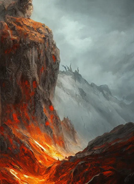 Image similar to a monster in the mountains of hell, oil painting by tomasz jedruszek, cinematic lighting, pen and ink, intricate line, hd, 4 k, million of likes, trending on artstation