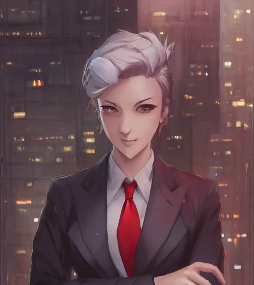 Prompt: a girl in a business suit, close up, sharp focus, red necktie, grey hair, happy expression, full body shot, pixiv, city background, digital painting, by tran ross and jordan grimmer and greg rutkowski, anime art, artstation, hd, smooth,