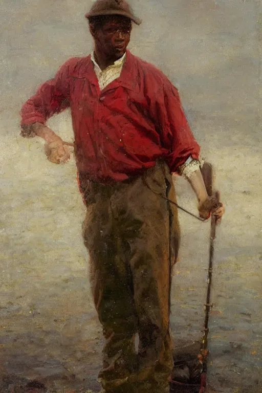 Prompt: Solomon Joseph Solomon and Richard Schmid and Jeremy Lipking victorian genre painting full length portrait painting of a young man going fishing, red background