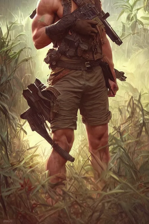 Prompt: handsome man as Rambo, wavy hairstyle, masculine figure, highly detailed, in a magical lush field of overgrown plants, digital painting, artstation, concept art, smooth, sharp focus, illustration, cinematic lighting, art by artgerm and greg rutkowski and alphonse mucha
