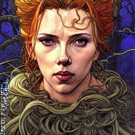 Image similar to a realistic, very beautiful and atmospheric portrait of scarlett johansson as a druidic warrior wizard looking at the camera with an intelligent gaze by rebecca guay, michael kaluta, charles vess and jean moebius giraud