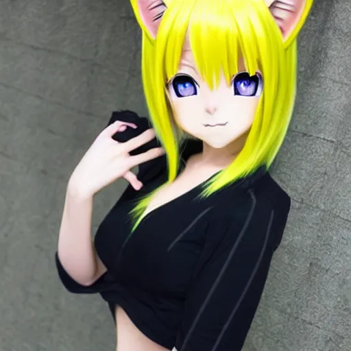 Image similar to anime cat girl with yellow hair and blue eyes