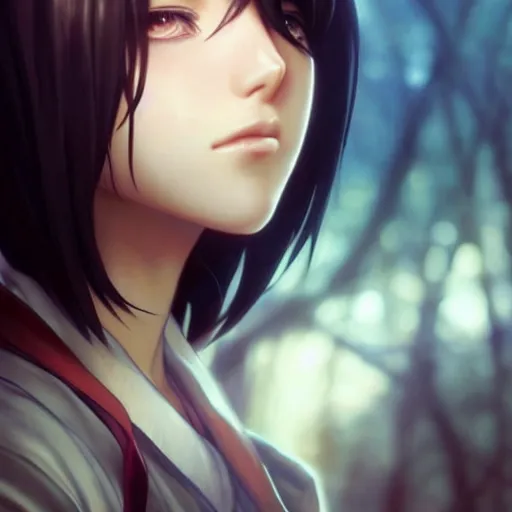 Image similar to mikasa ackerman, bokeh, beautiful face!!!!, 2 7 years old, cg animation, lifelike, animated, realistic, character select portrait, by artgerm, greg rutkowski, alphonse mucha, 3 d