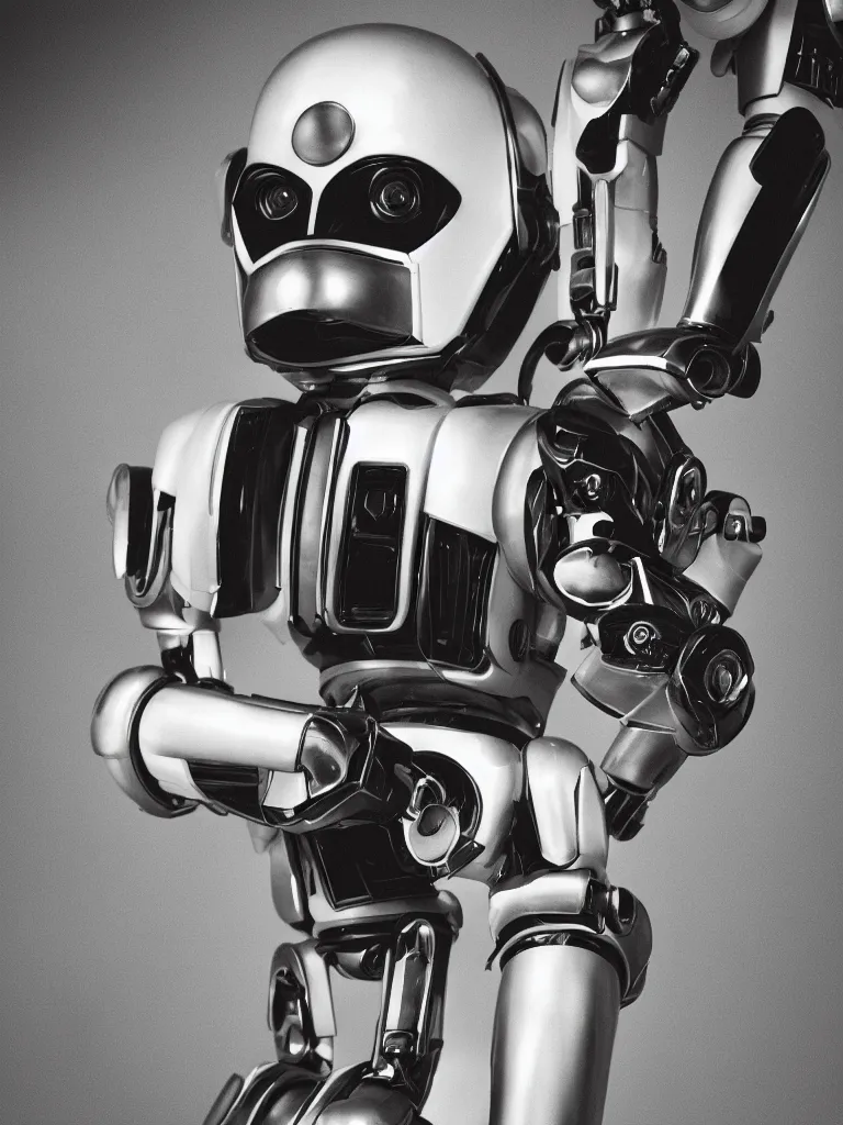 Image similar to “A perfectly centered beautiful 90mm black and white portrait photo of a retro-futuristic robot in Los Angeles, medium format photography, shallow depth of field”