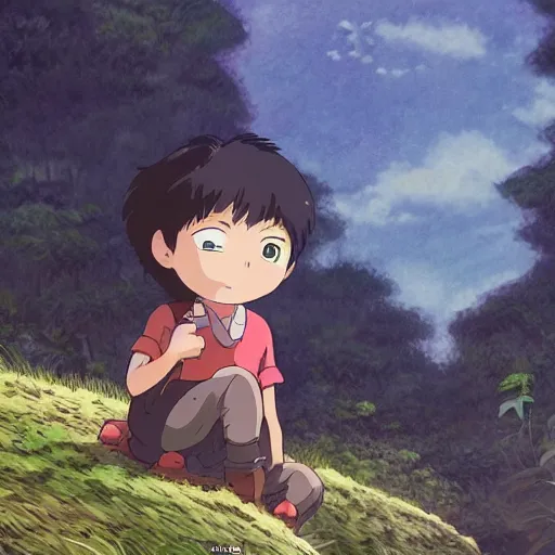 Prompt: friendly guy and small creature , with character portrait face, detailed face, made by Studio Ghibli highly detailed art, beautiful scene, sharp focus, smooth, 8k, anime art