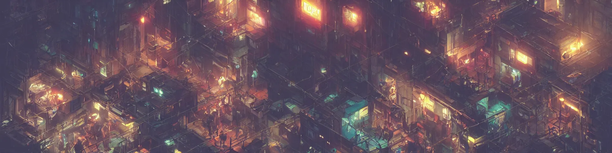 Image similar to an isometric cyberpunk slum, bright lights, by greg rutkowski and games gurney, trending on artstation