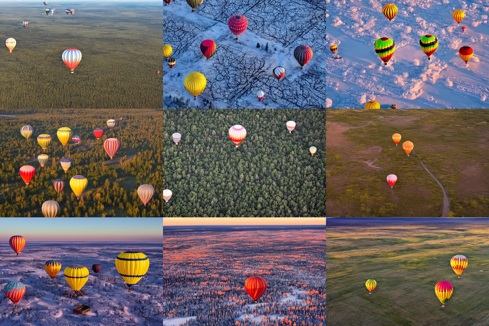 Prompt: aerial photography, lapland, hot air balloons, flying, dusk