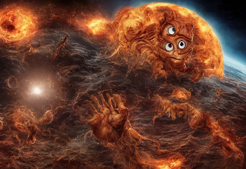 Image similar to eldritch horror bloody garfield in space, hd, 8 k, giant, epic, realistic photo, unreal engine, stars, prophecy, powerful, cinematic lighting, destroyed planet, debris, violent, sinister, ray tracing, dynamic, epic composition, dark, horrific, teeth, grotesque, monochrome drawing, hellscape, death, corpses, foreboding