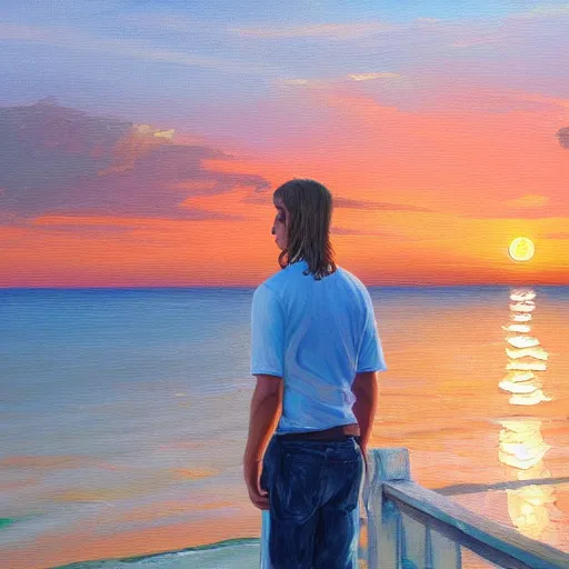 Prompt: a teen guy with a mullet, portrait, sunset, ocean in distance, oil painting, pale colors, high detail, 8 k, wide angle, trending on artstation,