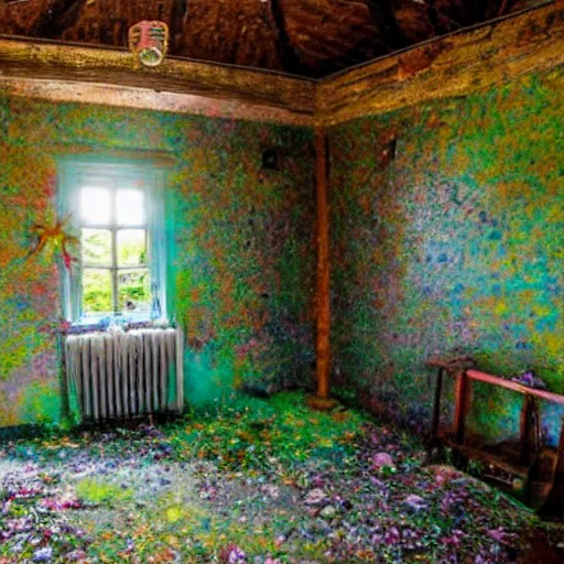 Image similar to abandoned cottage interior filled with iridescent jellyfish swarming lush coral