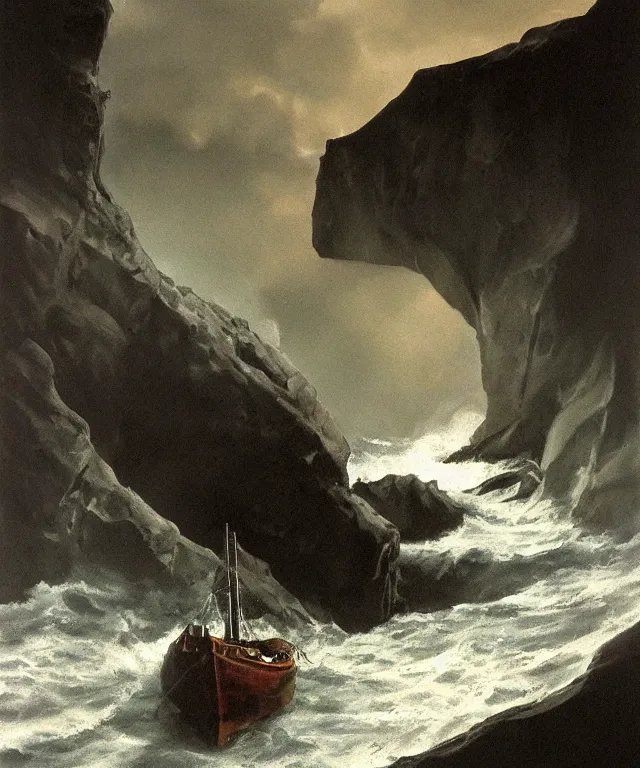 Image similar to photorealistic painting of a 1 9 2 5 seiner sailing near a tropical cliff with the mouth of a sea cave at the waterline, dark, brooding, atmospheric, lovecraft, horror, smooth, epic, highly detailed, cinematic, by lee gibbons