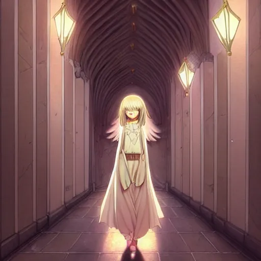 Image similar to angelic girl in intricate clothing walking a cathedralic hallway at night, very high detail, painting, anime, wlop, ilya kuvshinov, artgerm, krenz cushart, greg rutkowski, sana takeda