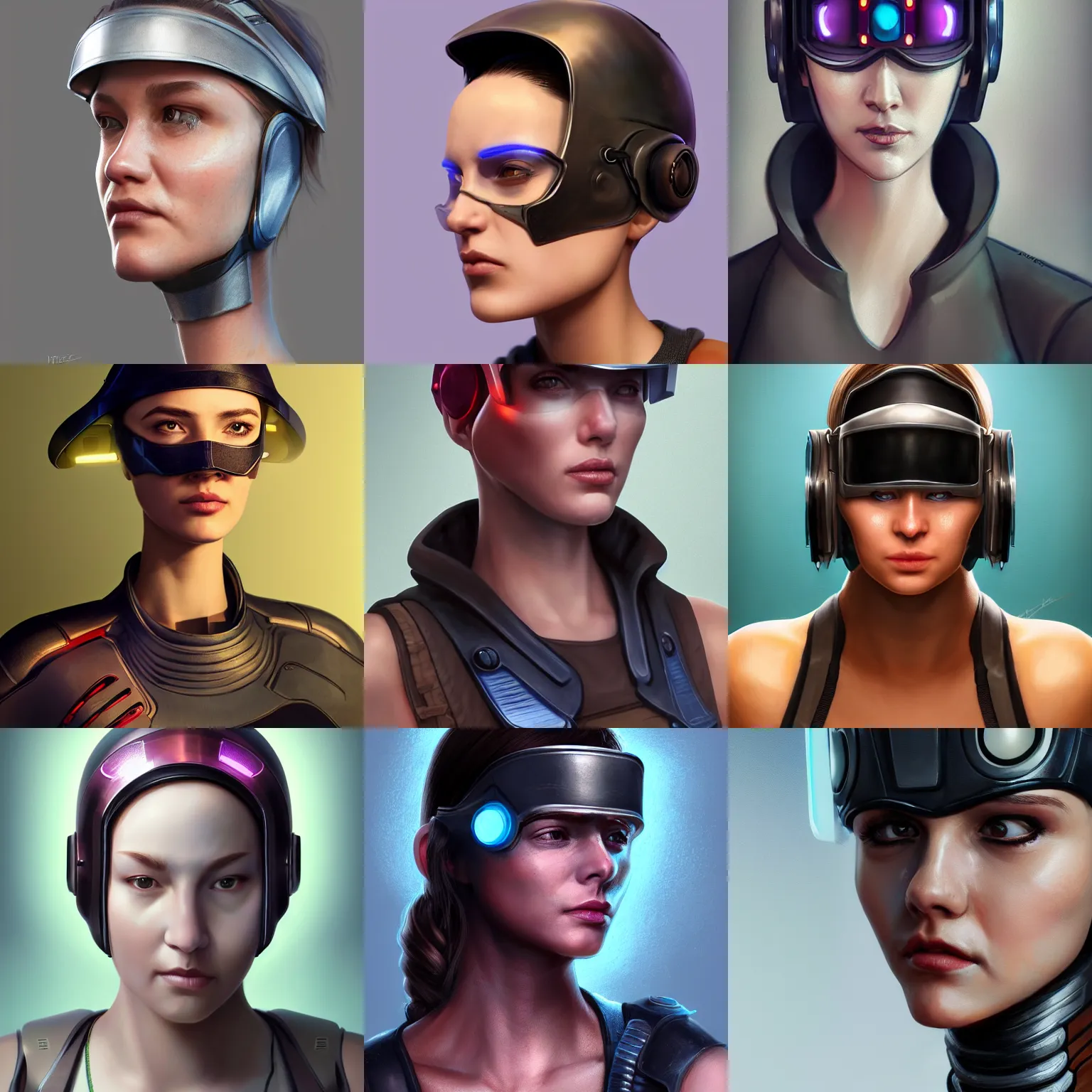 Prompt: character portrait of a woman with a realistically proportioned face wearing a cyberpunk visor and armor, realistic face details, smooth, highly detailed portrait, digital painting, concept art, cgi, 3 d animation, painted texture maps, sharp focus, illustration, in the style of studio fortiche