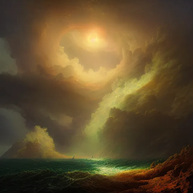 Image similar to the eye of an hurricane, fantasy landscape, colorful, sharp and focus, ultra detailed, beautifully lit landscape, astrophotography, in the art style of dan mumford, ivan aivazovsky and marc simonetti