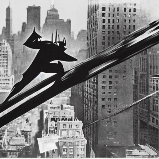 Prompt: old black and white photo, 1 9 2 5, depicting batman fighting a new york gangster on top a skyscraper steel bars of new york city, rule of thirds, historical record