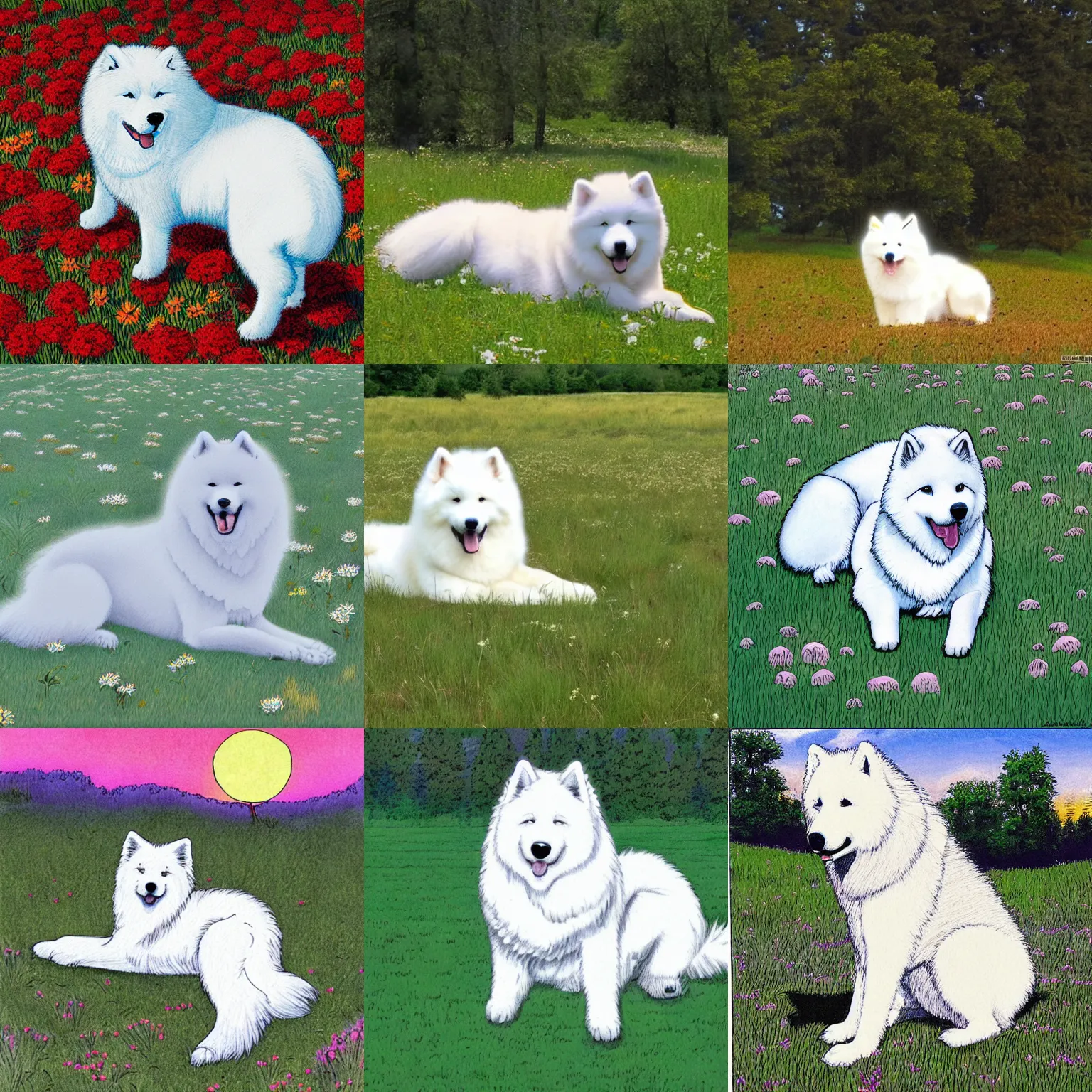 Prompt: a samoyed dog sitting in the middle of sunny meadow, colored, by Kentaro Miura