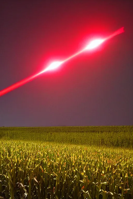 Image similar to Three giant glowing red beacons made out of light in the center of a corn field blasting off into space, 8K UHD