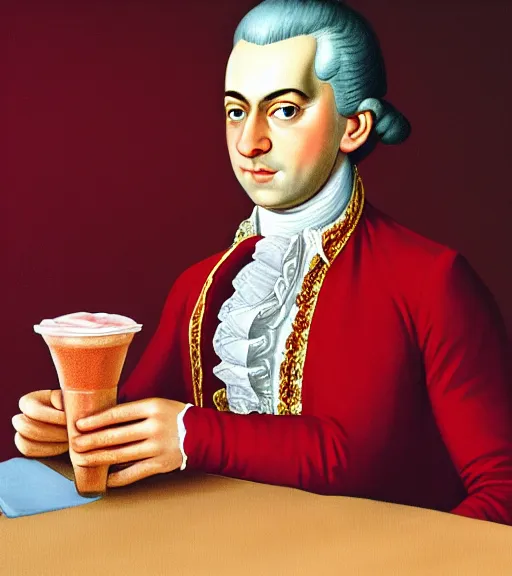 Image similar to Amadeus Mozart drinking a strawberry milkshake, the straw is in his mouth, digital art