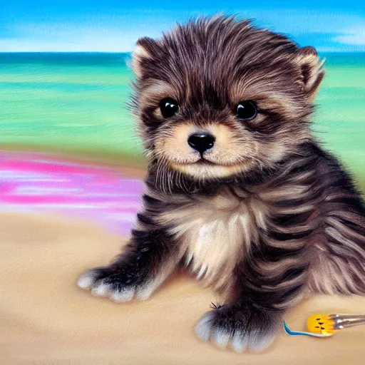 Prompt: cute fluffy hybrid animal cross between baby sea otter, kitten, and yorkshire terrier puppy sitting on a tropical beach landscape detailed painting 4 k