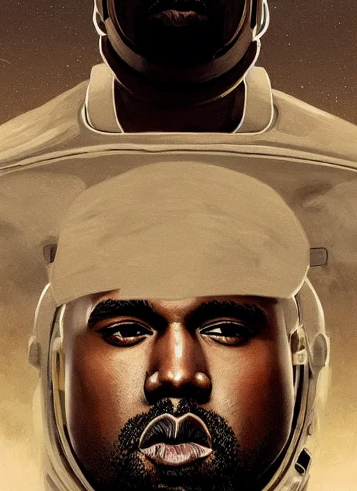 Prompt: pinted portrait of kanye west as an astronaut by greg rutkowski, he is about 3 0 years old, short blond hair, athletic and strong, straight jaw, wearing futuristic space gear, highly detailed portrait, digital painting, artstation, concept art, smooth, sharp foccus ilustration, artstation hq.