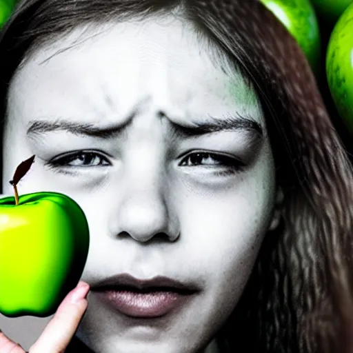 Image similar to human face on green apple, crying, tears in eyes