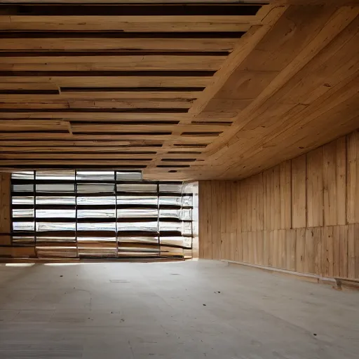 Prompt: interior of a wooden brutalist building