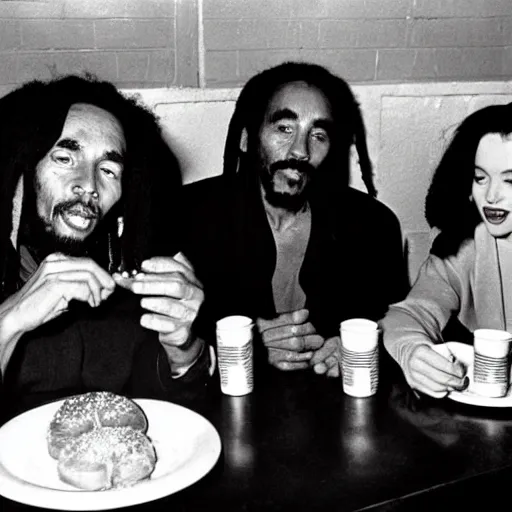 Image similar to Marilyn Monroe, Bob Marley and Charles Manson eating donuts in a cafe.