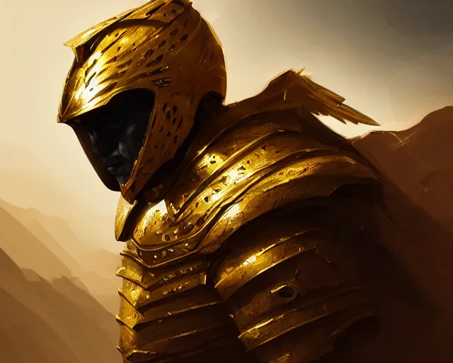 Prompt: side view of the king of the desert, angry, gold armor suit, sword, dramatic lighting, intricate, wild, highly detailed, digital painting, artstation, concept art, smooth, sharp focus, illustration